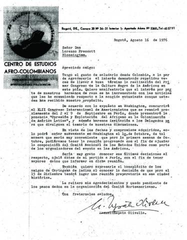 Carta de Manuel Zapata Olivella a Laurence E. Prescott