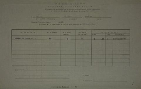 Matrícula de Manuel Zapata Olivella para cursar Gramática Descriptiva