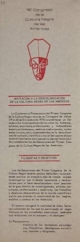 Plegable del Primer Congreso de la Cultura Negra de las Américas, celebrado en Santiago de Cali, Valle del Cauca, entre el 24 y el 28 de agosto de 1977. 